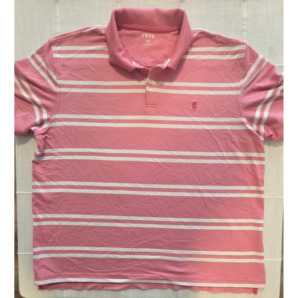 IZOD Mens XXL Pink White Striped Short Sleeve Pique Polo Shirt